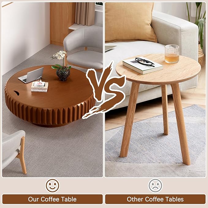 Round Coffee Table with Storage for Living Room, Handcraft Fluted Drum Coffee Table Modern Circle Wooden Coffee Table Cocktail Table for Home Office Apartment (Brown 39.37")