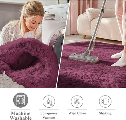 OLANLY Burgundy Round Rugs for Bedroom - Machine Washable, 2 ft Circle Area Rugs for Living Room, Soft and Fluffy Shaggy Carpet for Teen Girls and Boys, Nursery Rooms, Dorms, Home Decor Aesthetic