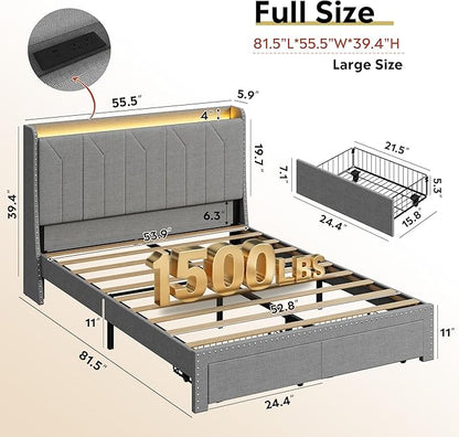 WLIVE Full Size Upholstered Bed Frame with 2 Drawers, Linen Tufted Storage Headboard with Charging Ports and LED Light,Sturdy Metal & Wooden Slats Support, No Box Spring Needed, Light Grey