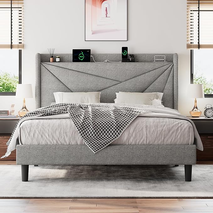 Full Size Upholstered Bed Frame with Charging Station, Platform Bed Frame with Storage Headboard, Solid Wood Slats Support, No Box Spring Needed, Light Gray