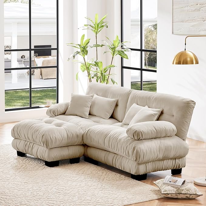 94.4" Loveseat Sofa, 2 Seater Modular Sectional Sofa, Beige Large L Shaped Sectional Fluffy Couch, Chenille Cloud Couch with Ottoman, Deep Seat Sofas for Living Room