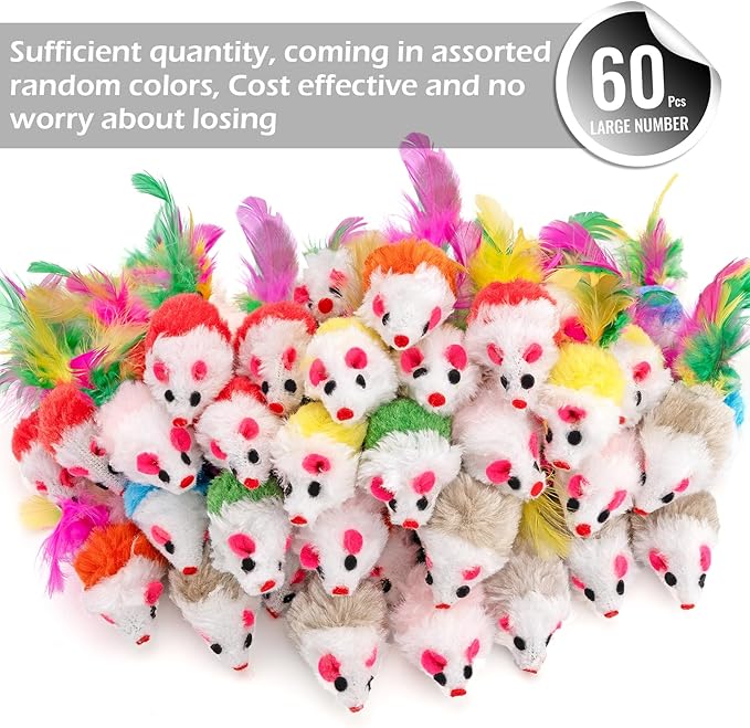 60 PCS Furry Cat Toys Squeak Mouse Rattle Mice Cat Catcher Pet Toys with Feather Tails (Random Color)