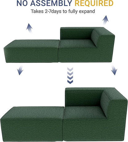 76" Sectional Compressed Sofa Modular Couches,High-Density Foam No Assembly Required, 2-Piece(1x Corner 1x Ottoman) for Living Room, Chenille Green