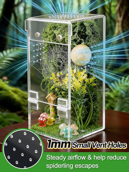 Escape Proof Jumping Spider Enclosure Kit - 3x3x6in Pre-Assembled Acrylic Terrarium with Magnetic Door/Micro Vent Holes/Accessories, Insects Habitat for Spiderlings, Mantis, Tarantulas, Snails