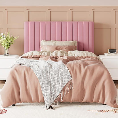 Allewie Twin Bed Frame, Velvet Upholstered Platform Bed with Adjustable Vertical Channel Tufted Headboard, Mattress Foundation with Strong Wooden Slats, Box Spring Optional, Easy Assembly, Pink