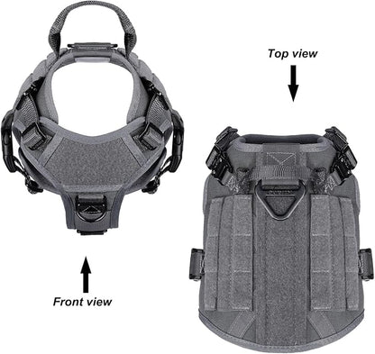 ICEFANG Tactical Dog Harness for Small Dogs,Reflective No Pull Dog Vest | with Control Handle,Adjustable,Front Hook,2 Leash Clips,Soft Padded,MOLLE Panel,Grey,Small