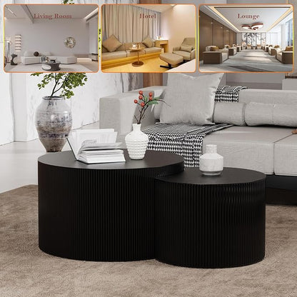 Nesting Coffee Table with Non-Slip Mat Vertical Stripe Design Round Fluted Side Table Set of 2 - No Assembly Required for Living Room Bedroom Balcony Yard (I-27.6+19.7in)