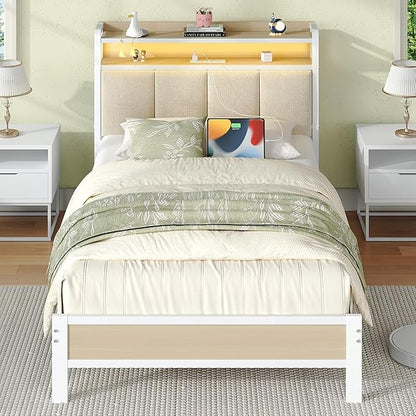 Twin Bed Frame with Storage Headboard, Metal Platform Bed Frames Twin with LED Lights and Charging Station, Heavy Duty Metal Slats, No Box Spring Needed, Easy Assembly, Beige