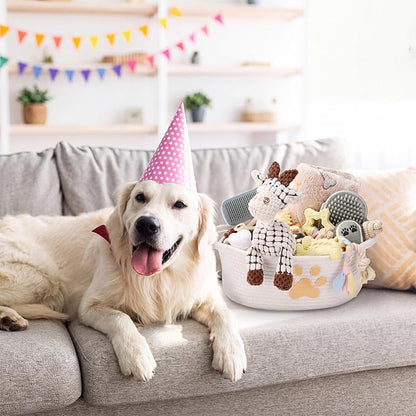 Zopeal 17 Pcs Summer Puppy Gift Set, Dog Toy & Essentials Bundle with Chew Toys, Poop Bag Dispenser, Grooming Brush, Training Bell, Blanket & Rope Basket(Beige,Sheep)