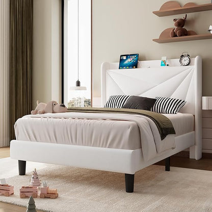 iPormis Twin Size Bed Frame with Charging Station, Velvet Platform Bed Frame with Wingback Headboard Upholstered Bedframe, Solid Wood Slats Support, No Box Spring Needed, Easy Assembly, White