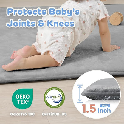 PaPaMat 1.5" Thick Baby Play Mat for Floor, 59x79 Playpen Mat, Pro Soft Flannel Foam Mats Toddler Infant Kids Crawling for Nursery Rug Playroom Living Room Waterproof Easy Care Non-Slip (Dark Grey)