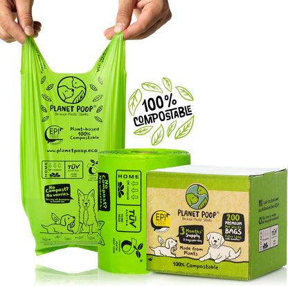 PLANET POOP Home Compostable Dog Poop Bags Extra Long with Handles | Large Single Roll 200 Grab & Go | Un-scented Dog Waste Bag | Leakproof Doggy & Cat Bags | Plant-Based Pet Supplies