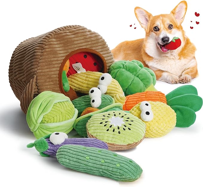 Nocciola Small Squeaky Crinkle Dog Toys- 15 Packs Grocery Basket Fruits Veggies Puppy Toys to Keep Busy, Cute Durable Plush Stuffed Hide Seek Cognitive Boredom Pet Supplies, Dog Birthday Gifts