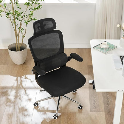 BOWTHY Ergonomic Office Chair,Home Mesh Office Desk Chairs,High Back Chair 330 LBS,Swivel Computer Task Chair with Adjustable Lumbar Support,Up&Down Flip-Up Arms,Rocking Function (Black)
