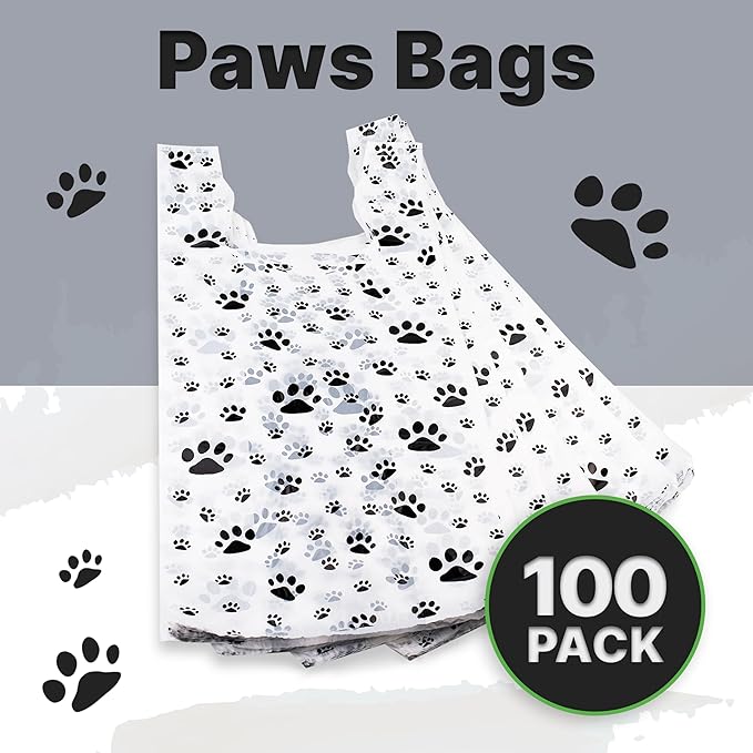 T Shirt Bags - Paw Print Bags - 100 Pack - Thank You Shopping Bag Cat or Dog Paw Print Design Plastic T-Shirt Bag 22" L x 12" W x 7"