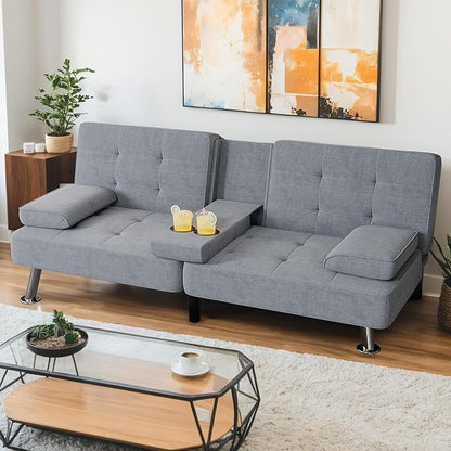 Shahoo Modern Linen Upholstered Convertible Folding Futon Sofa Bed with Removable Armrests, Metal Legs, 2 Cup Holders for Living Room, Dark Grey