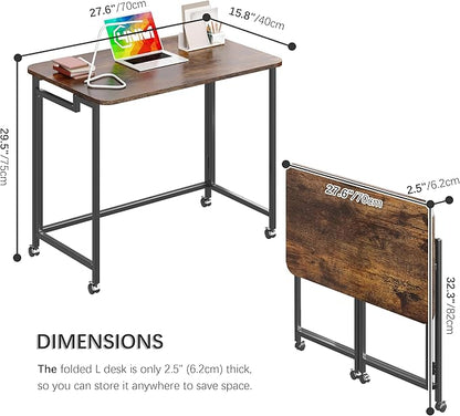 4NM 27.5" Mobile Small Rolling Computer Desk, Folding Laptop Cart Table with Wheels, Portable Office Desk for Small Space Couch Bed - Rustic Brown and Black