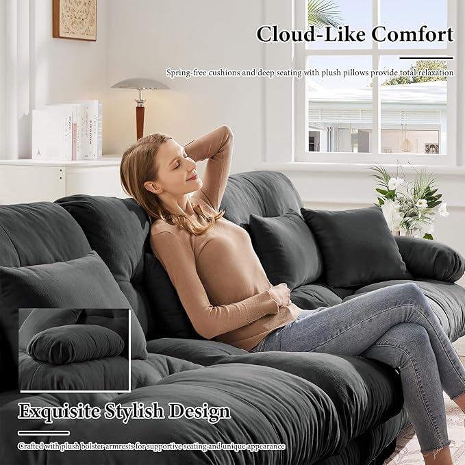 94.4” Loveseat Sofa, 2 Seater Modular Sectional Sofa, Grey Large Sectional Fluffy Couch Set, Chenille Cloud Couch with 4 Pillows, Deep Seat Sofas for Living Room