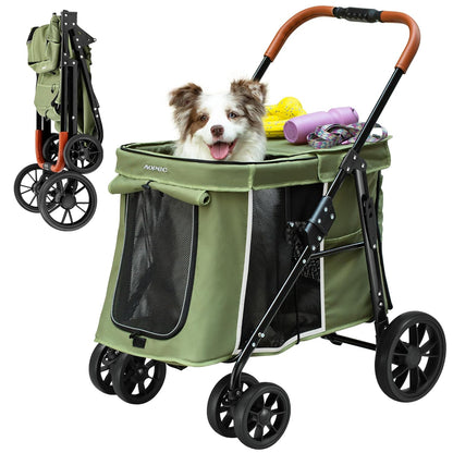 Medium Dog Stroller, Dual Entry One-Touch Folding,Small and Medium Pet Stroller,360° Rotating Front Wheels,70 lbs Weight Capacity for Outdoor Travel and Elderly Dogs - Green