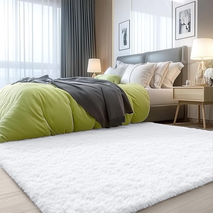 OLANLY 3x5 Machine Washable Small Bedside Rug, Soft Fluffy Shaggy Rugs for Living Room, Bedroom, Indoor Floor Carpet for Kids Girls and Boys, Preppy Dorms, Nursery, Home Decor Aesthetic, White