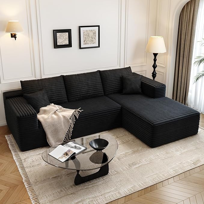 107.5" Cloud Modular Sectional Sofa Couch with L-Shape Chaise,Modern Minimalist Upholstered Couches for Living Room Bedroom,Deep Seat Corner Couch，No Assembly Required (Black,Right Facing Chaise)