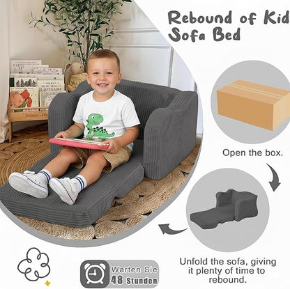 MeMoreCool Toddler Chair Comfy for 1-3 Years Old, Corduroy Kids Couch Bed Fold Out, 2-in-1 Foldable Baby Lounge Chair, Pull Out Children Sofa Bed, Dark Grey