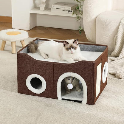 Large Cat Bed for Indoor Cats, Extra Wide Cat Cave House with Scratch Pad and Fluffy Ball, Foldable Cat Hideaway for Kitten Bed, Cat Condo for Cats (Brown, X-Large)