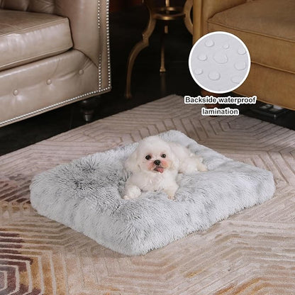 Bedfolks Waterproof Dog Crate Bed, Plush With Removable Washable Cover, Faux Fur Pad for Small Dogs and Cats, Fluffy Kennel 23"x18", Grey