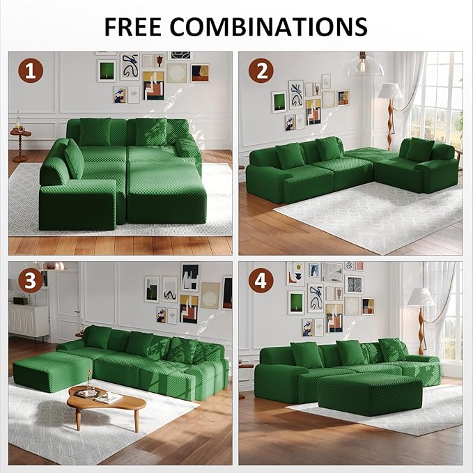 113" Modular Sectional Sofa Upholstered 3-Seater Sofa with Movable Ottoman, Oversized 4-Seater Couch with 3 Throw Pillows High-Density Foam No Assembly Free Combinations