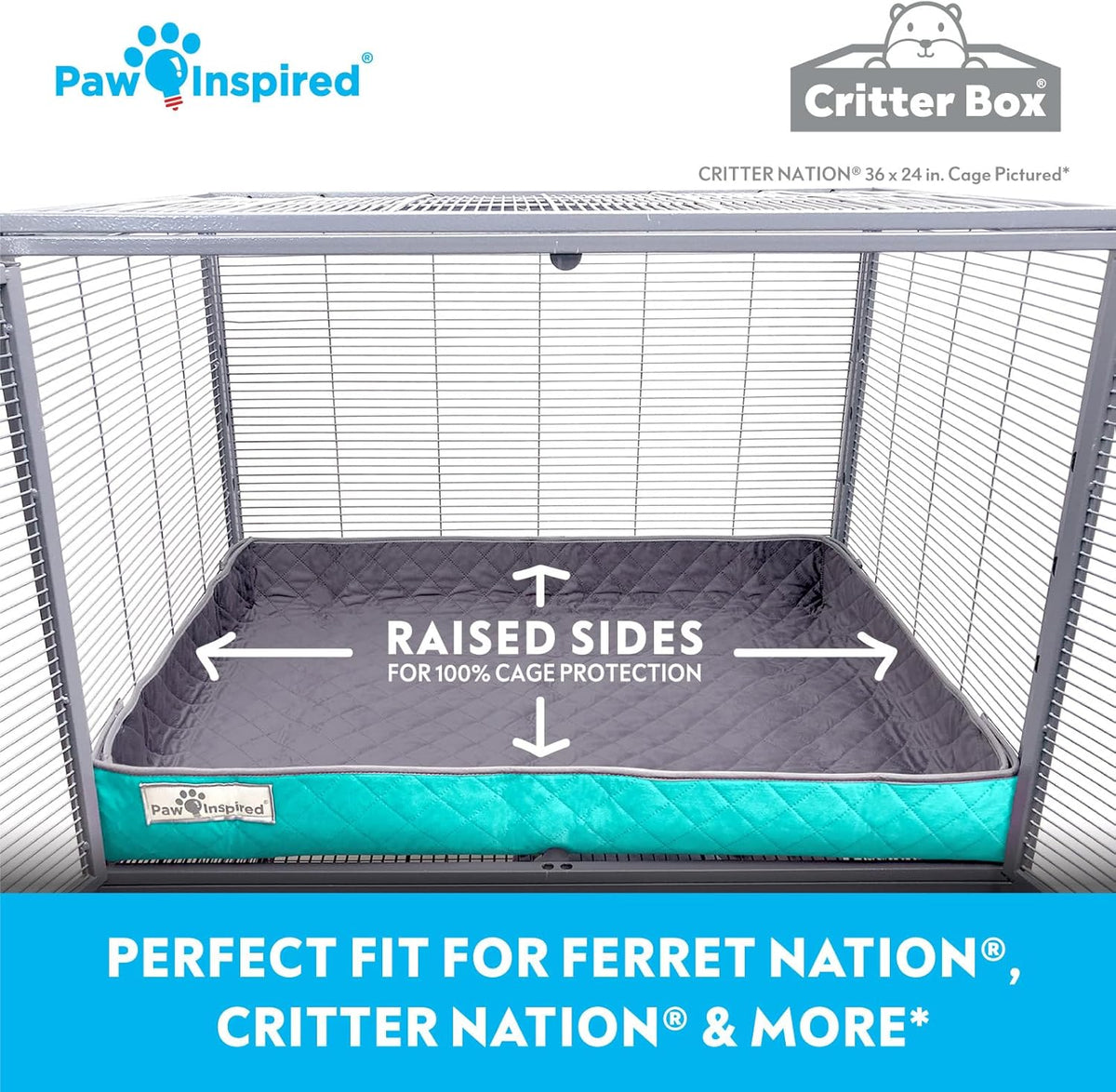 Paw Inspired Critter Box Washable Cage Liner, Reversible Fleece Bedding with Raised Sides for Ferrets, Guinea Pigs, Rats, Chinchillas, Small Animals (Critter Nation/Ferret Nation, Gray/Green)