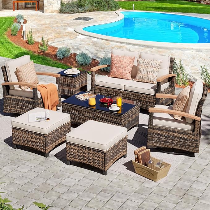 MEISSALIVVE 7 Pieces Patio Furniture Sets,PE Wicker Outdoor Conversation Sets with 2 Wood Armrests Swivel Rocker Chairs, 2 Ottoman, 2-seat Sofa and Coffee Table(Brown)