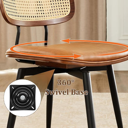 Quenvo Swivel Dining Chairs with Rattan Back, Modern Brown Leather Dining Chairs Set of 2, Swivel Dining Room Chairs Kitchen Side Chairs with Metal Legs and Upholstered Seat for Kitchen & Restaurant