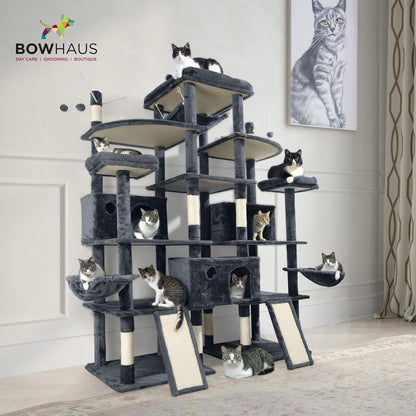 Extra Large 80-Inch Tall Cat Tree w/Widened Perch for Large Cats, Big Cat Tower Indoor, Modern Multi-Level Activity Tower with Scratching Posts, Condos, Baskets, Hammock, Scratching Ramps