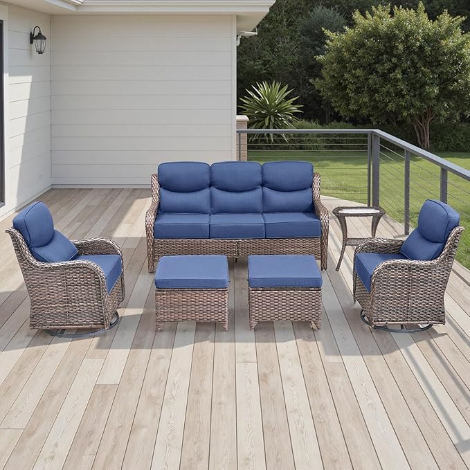 Rilyson Wicker Outdoor Patio Furniture Set - 6 Piece Patio Conversation Sets with Swivel Rocker Chairs, Ottomans, Sofa and Side Table, 6 inch Cushions, Waterproof Wicker, for Porch Deck Brown/Blue