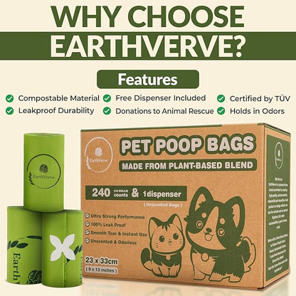 Dog & Cat Compostable Poop Bags (240 Counts w/Dispenser) - Plant Based, Enhanced Leak-Resistant, Odor-Resistant & Durable – Unscented,Sustainable Cleanup Solution –10% to Animal Rescue