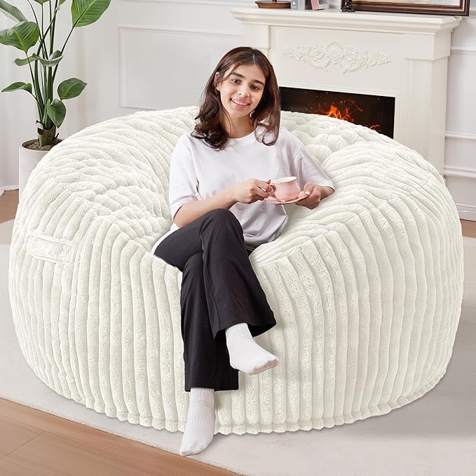 Homguava 5 FT Bean Bag Chair,5' Big Bean Bag,Giant Bean Bag Chairs for Adults with Memory Foam Filled,Comfy Large Beanbag Chairs Soft Bean Bag Sofa with Dutch Corded Plush Cover-White