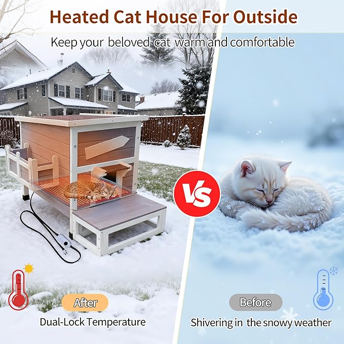 Rockever Heated Cat House for Outside Cats in Winter, Large Heated Cat Houses with Heating Pad, Wooden Outside Cat Shelter Weatherproof with Escape Door