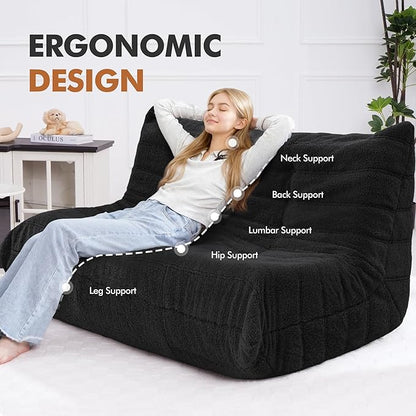 Bean Bag Loveseat Chair Big Sofa Beanbag Chair for Adults Fireside Chair Bean Bag Lounger with Memory Foam Filled for Home,Apartment or Gaming Venue（Black Teddy）