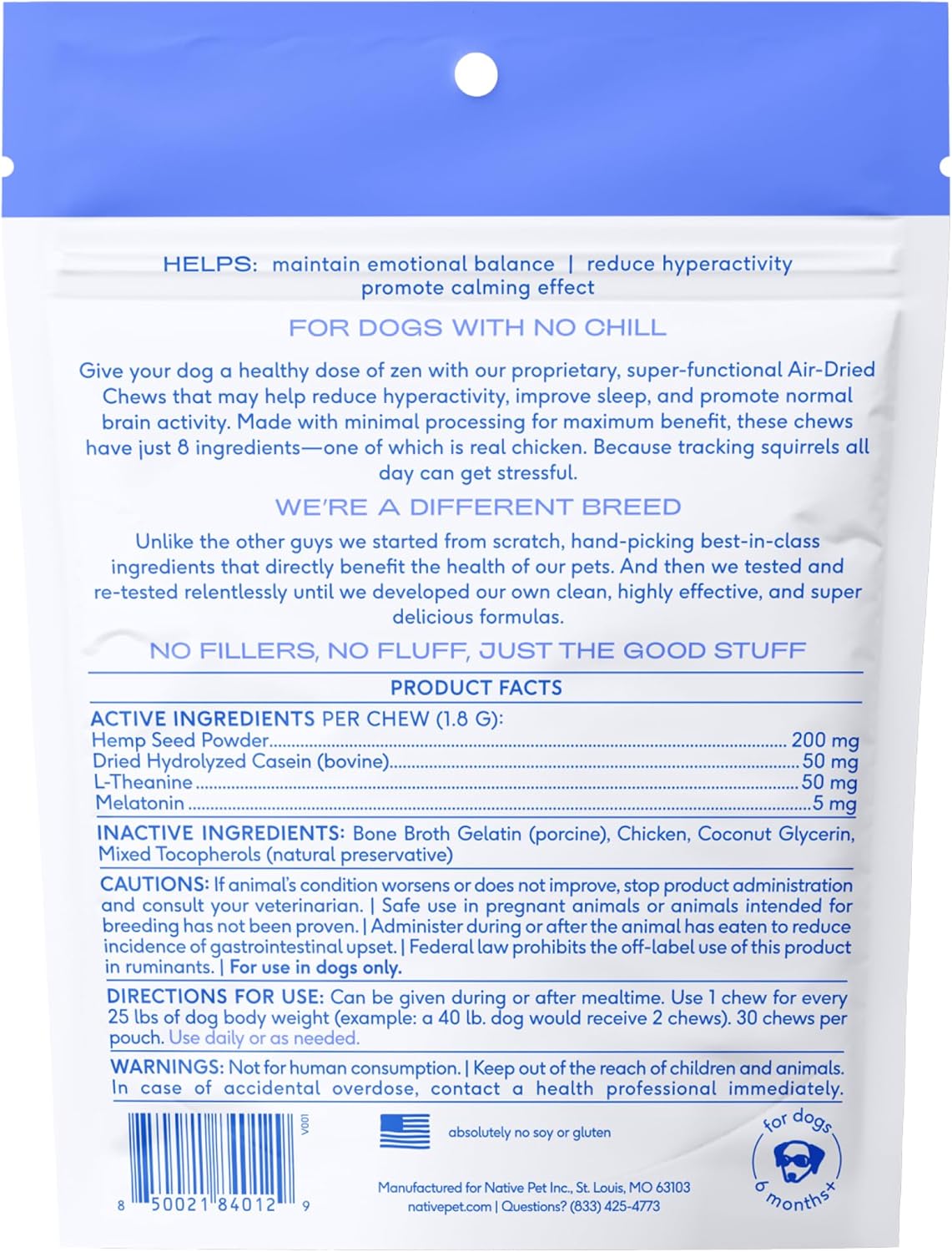 Native Pet Calming Chews for Dogs - Melatonin for Dogs Anxiety Relief - Grain Free All Natural Hemp Calming Treats & L-Theanine Helps Manage Stress & Separation Anxiety - Puppy Sleep Aid - 30 Chews