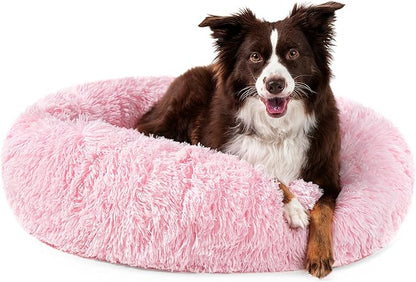 PetAmi Calming Dog Bed for Small Medium Dog Cat, Round Donut Dog Bed Washable, Fluffy Faux Fur Plush Cuddler Pet Kitten Cushion Bed, Anti-Slip, Fits up to 45 lbs, 30 inch, Pink