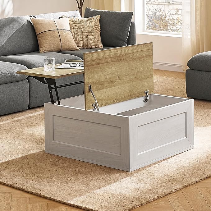 mopio Blake Lift Top Coffee Table with Storage, Modern Farmhouse Square Wood Center Coffee Table with Easy Lifting Top, Chamfered Edge & Soft Closing (White Oak)