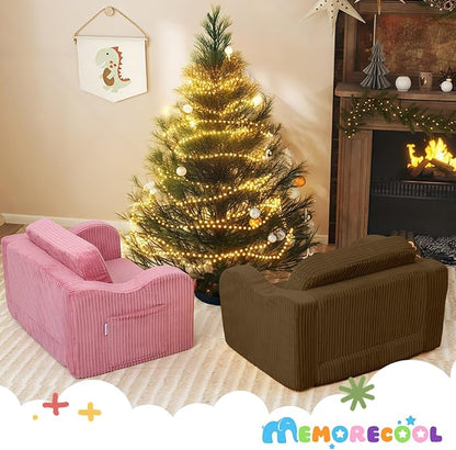 MeMoreCool Toddler Lounge & Sofa Bed Chair – Corduroy, Brown, Ages 1‑3 | 2‑in‑1 Fold‑Out Kids Couch & Pull‑Out Recliner for Playtime, Nap Time & Lounging