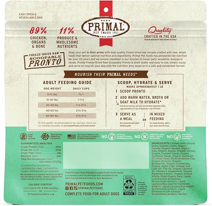 Primal Freeze Dried Dog Food, Pronto Mini Nuggets, Chicken; Scoop & Serve, Complete & Balanced Meal; Also Use As Topper or Treat; Premium, Healthy, Grain Free, High Protein Raw Dog Food (16 oz)