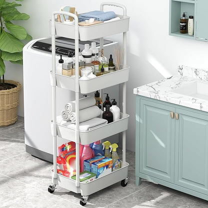 Sywhitta 4-Tier Plastic Rolling Utility Cart with Handle, Multi-Functional Storage Trolley for Office, Living Room, Kitchen, Movable Storage Organizer with Wheels, White