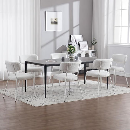 KCC Boucle Dining Chairs Set of 6, Modern Mid-Century Upholstered Stylish Kitchen Chairs Sherpa Accent Diner Chairs with Metal Legs and Curved Back for Kitchen, Dining Room(White)