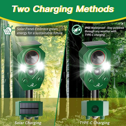 Solar-Powered Ultrasonic Animal Repellent with Motion Sensor, Perfect for Outdoor Yards, Deer Repellent Device with LED Flashing Lights, Effective to Repel Deer, Coyotes, Raccoons, and Cats