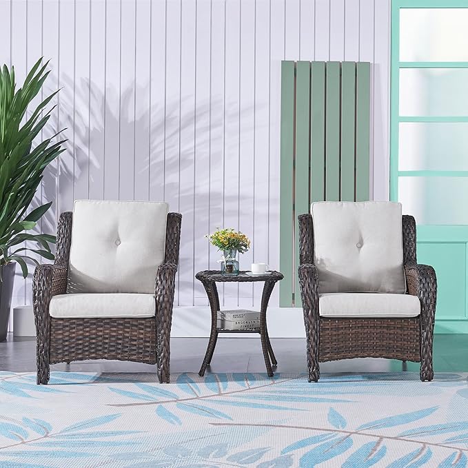 Rilyson Patio Bistro Set Wicker Chairs - 3 Piece Outdoor Rattan Conversation Set with 2 Armrest Chair and 1 Side Table for Proch Deck Garden Backyard Balcony(Brown/Beige)