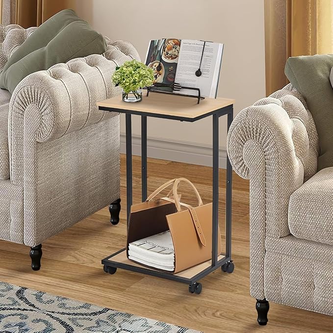 C-Shaped End Table for Couch, Slide Under Sofa Snack Table, Small TV Tray, C Table with Wheels, Laptop Desk for Living Room, Bedroom, Small Spaces,White Maple
