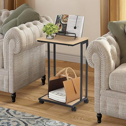 C-Shaped End Table for Couch, Slide Under Sofa Snack Table, Small TV Tray, C Table with Wheels, Laptop Desk for Living Room, Bedroom, Small Spaces,White Maple
