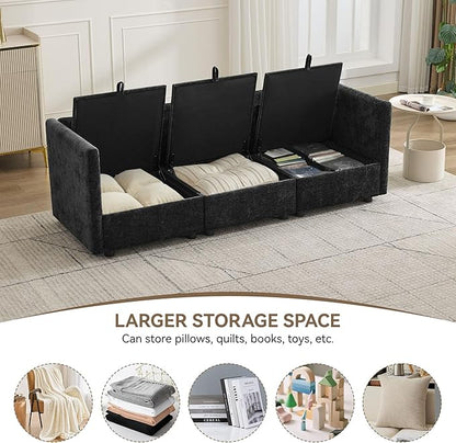 80" Cloud 3 Seater Sectional Modular Couch with Storage, Upholstered Storage Sofa Modern Couch Deep Seat, Chenille Convertible Sofa Comfy Couches with Armrests for Living Room, Small Space, Black